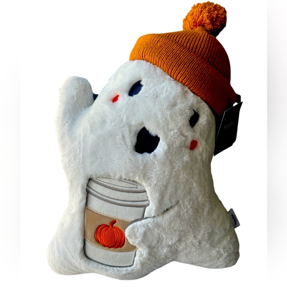 NWT Martha Stewart Plush White Ghost Pillow with Orange Hat and Pumpkin Coffee